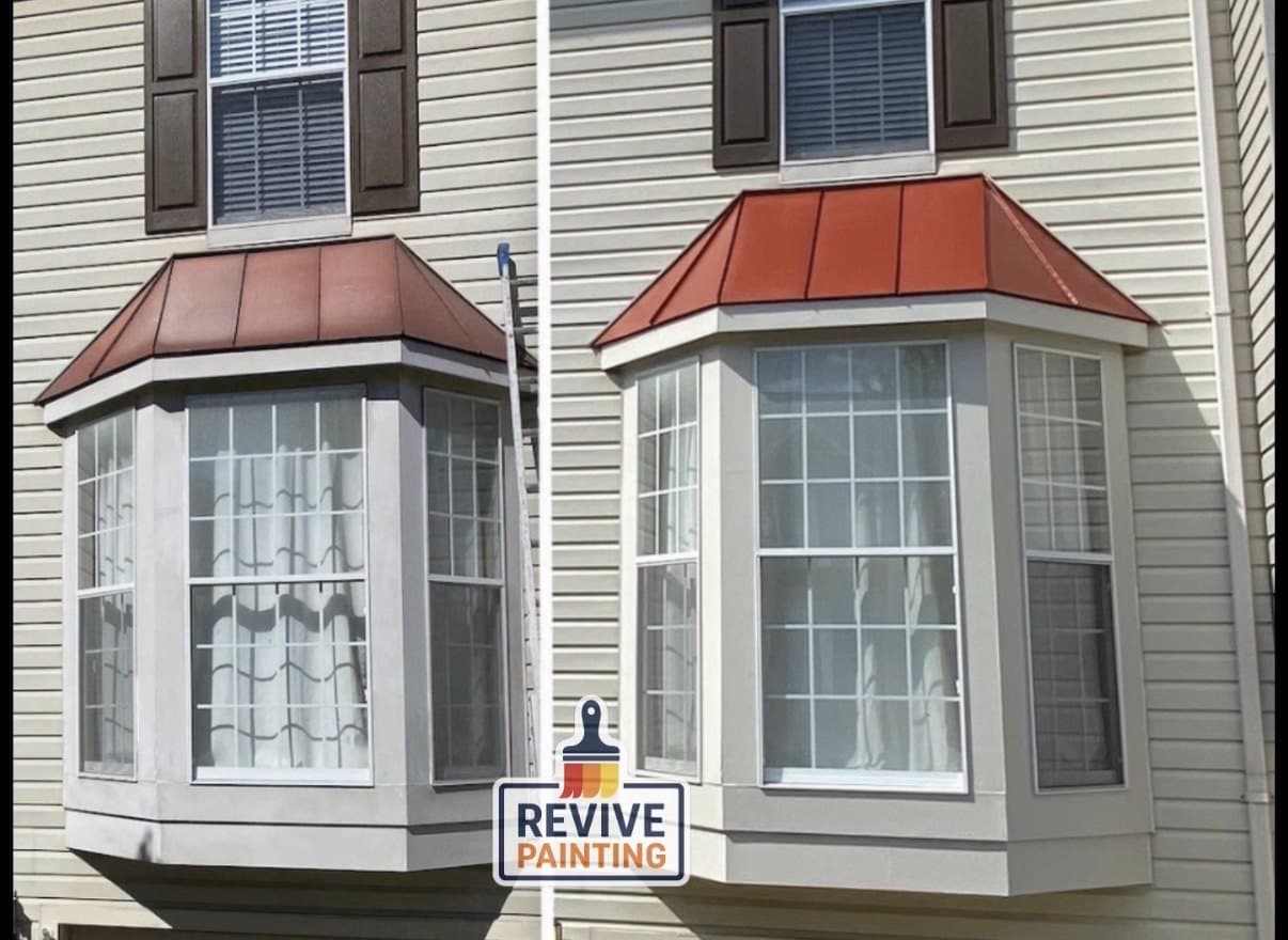 Before and after: bay window trim and copper roof repainted on a vinyl-sided home