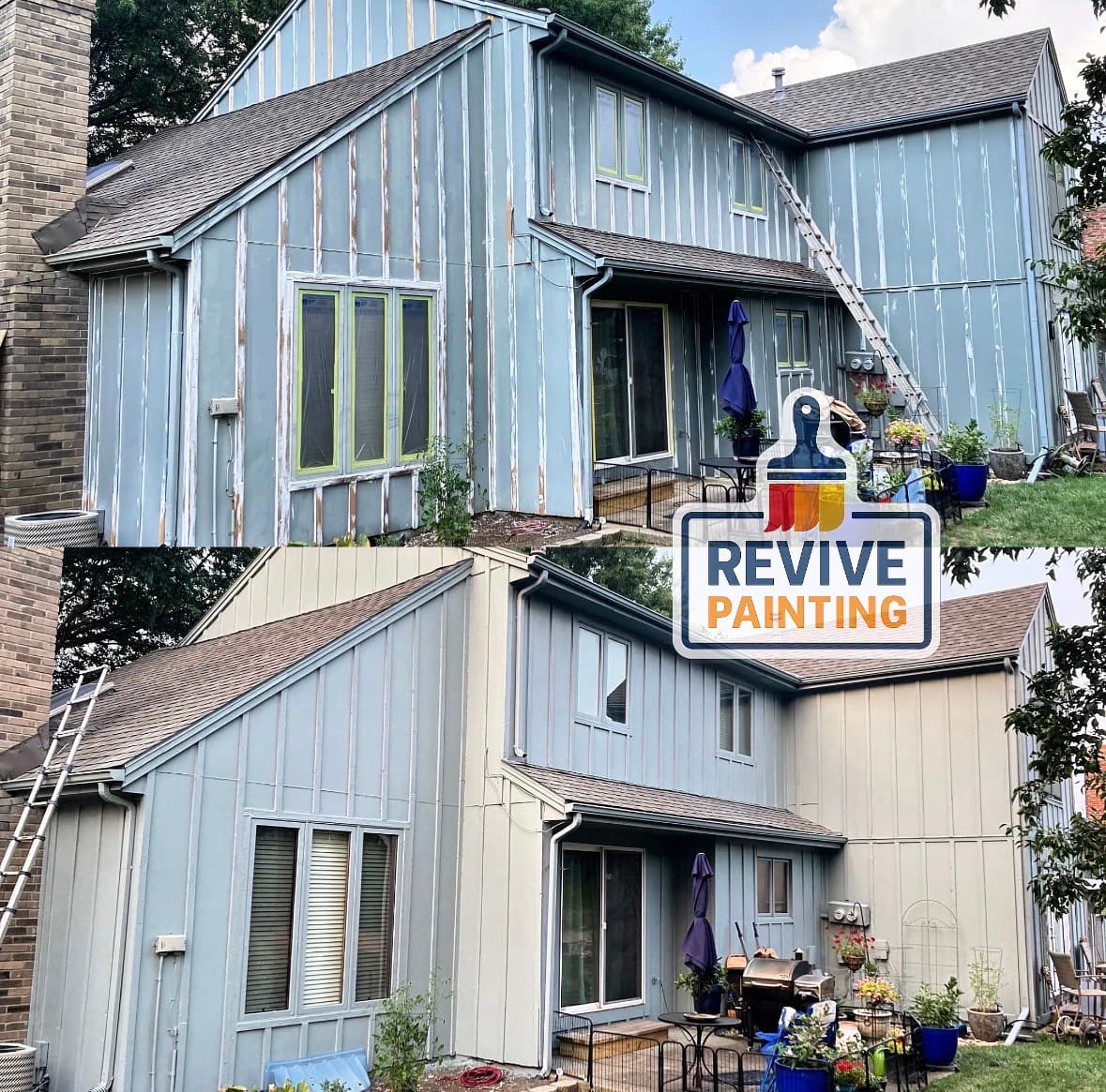 Before and after: exterior blue board and batten