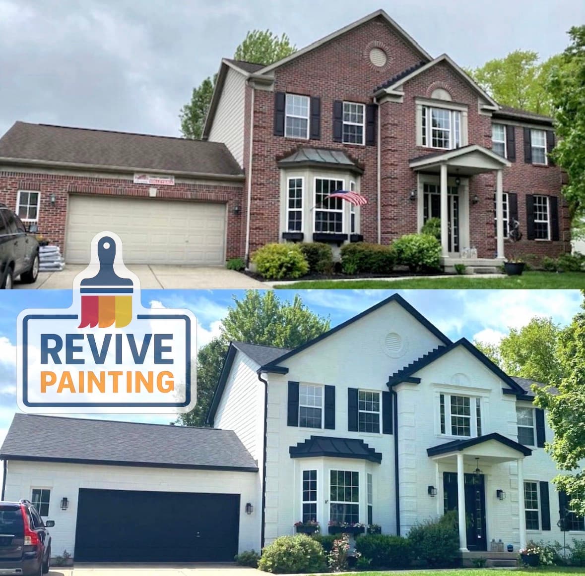 Before and after: a red brick colonial repainted white with dark trim and garage doors