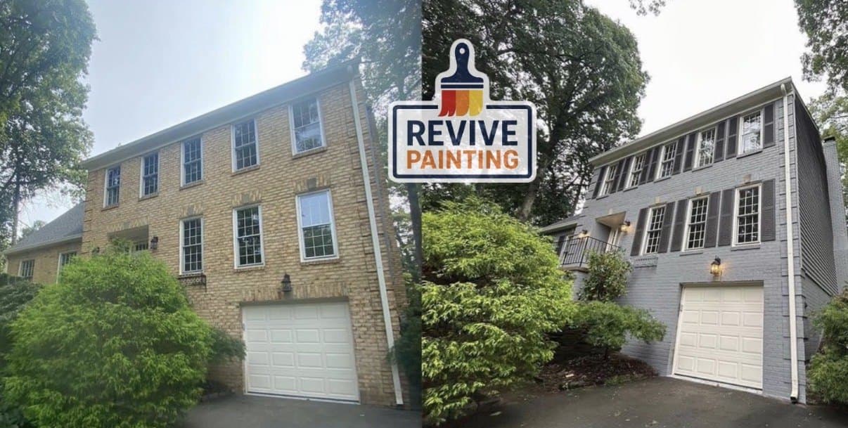 Before and after: a yellow brick colonial repainted gray with black shutters