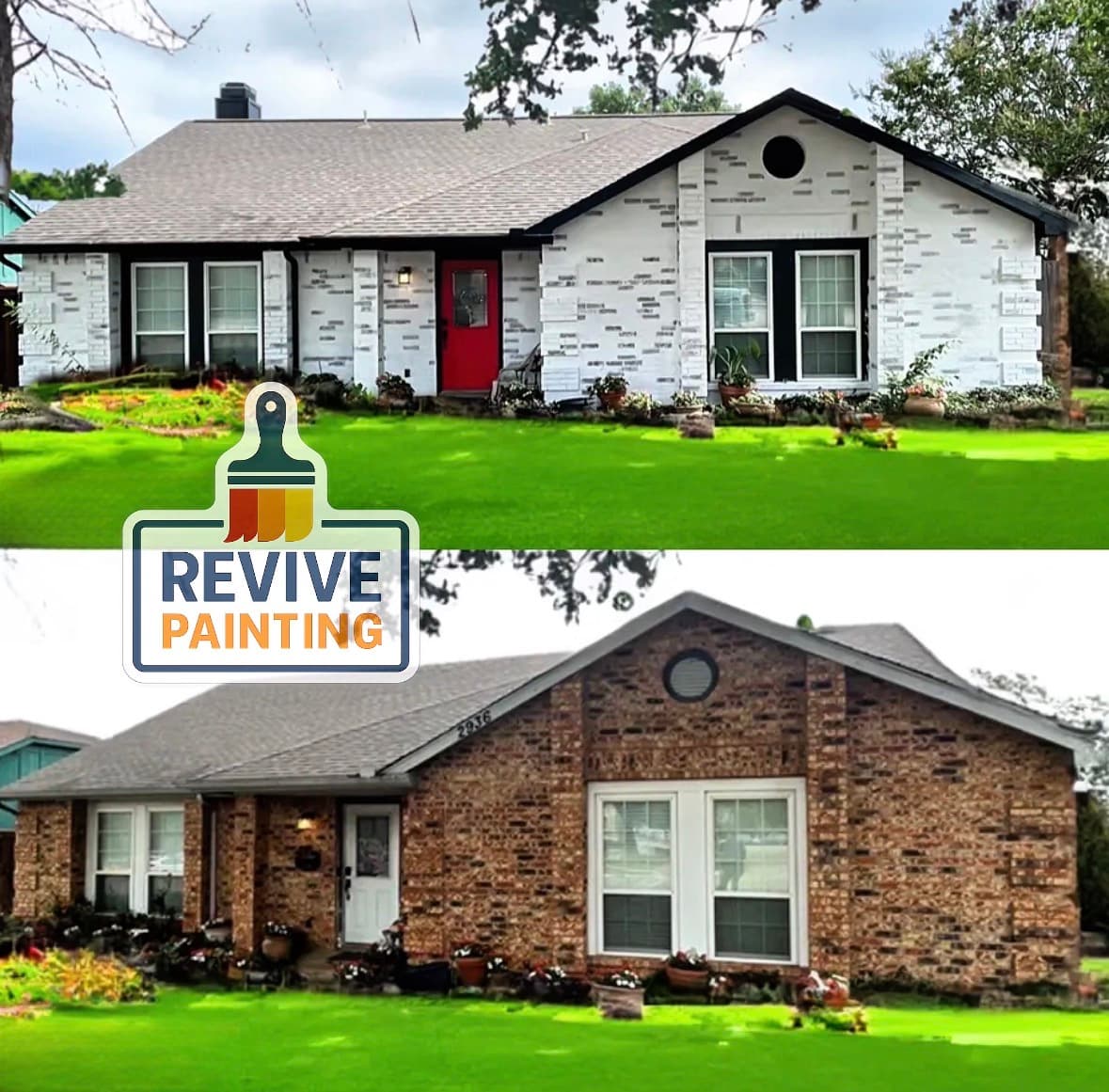 Before and after: exterior brick ranch white red door