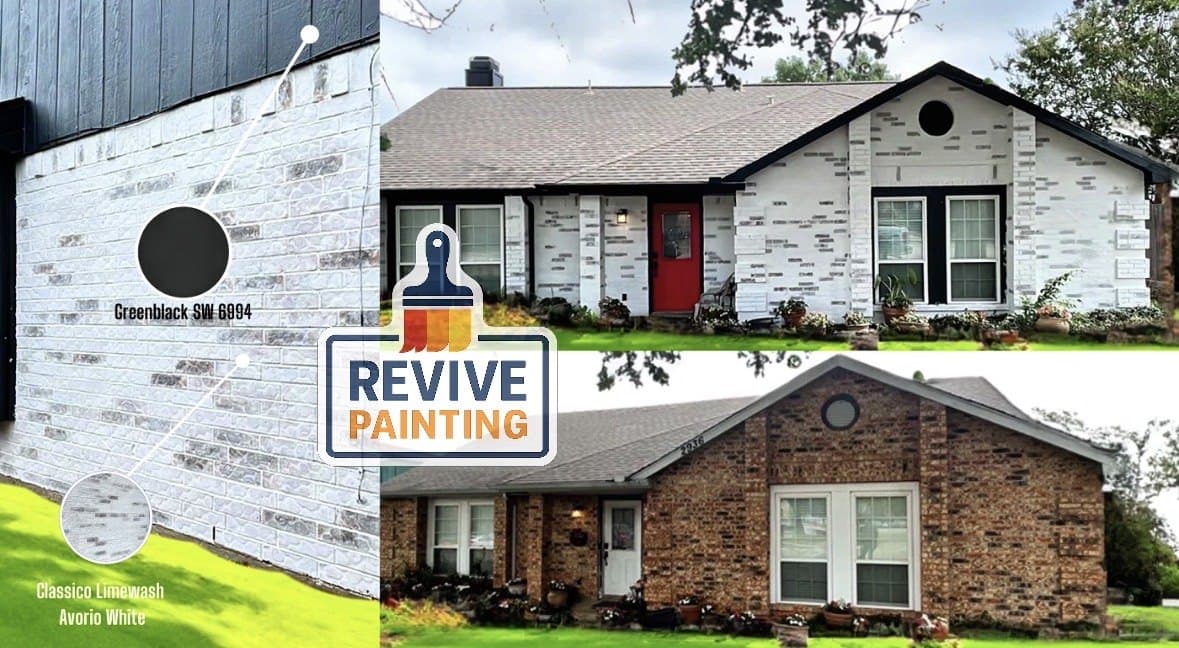 Before and after: a brown brick ranch limewashed white with a black front door, with the paint chips shown