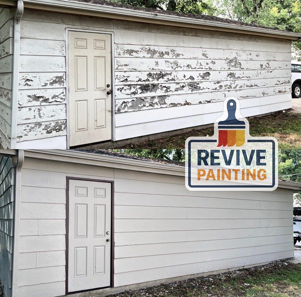 Before and after: a peeling white outbuilding scraped, primed and repainted warm gray