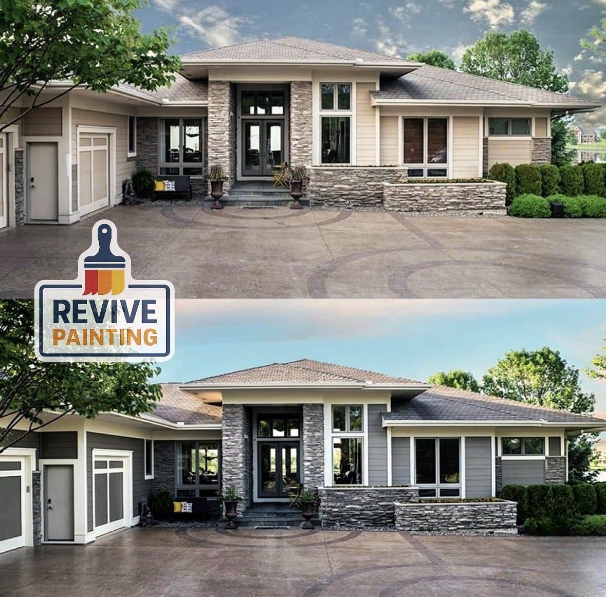 Before and after: a prairie-style stone and stucco home repainted from tan to gray