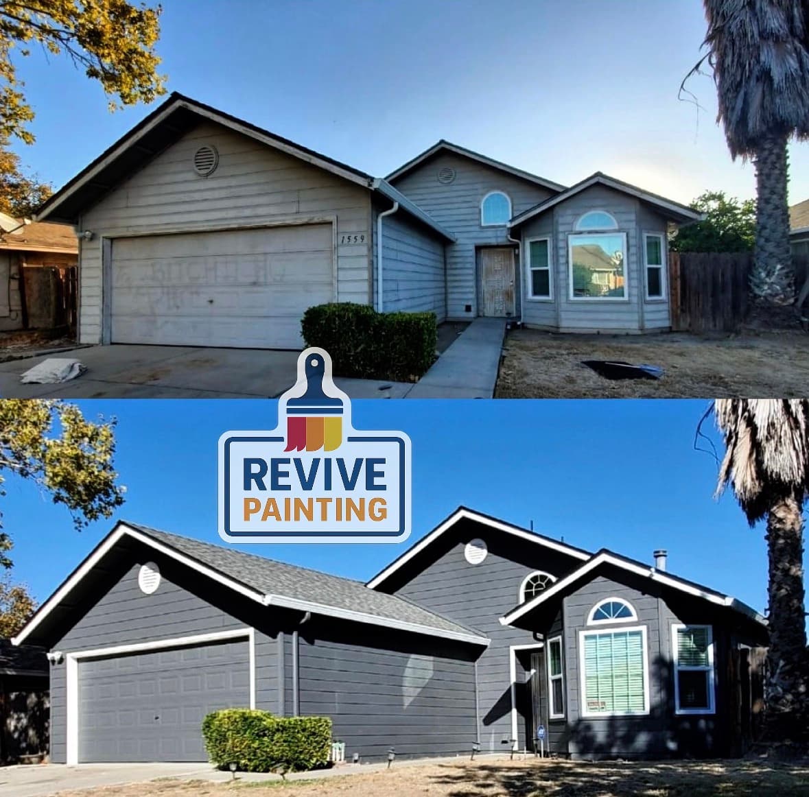 Before and after: exterior ranch tan to gray