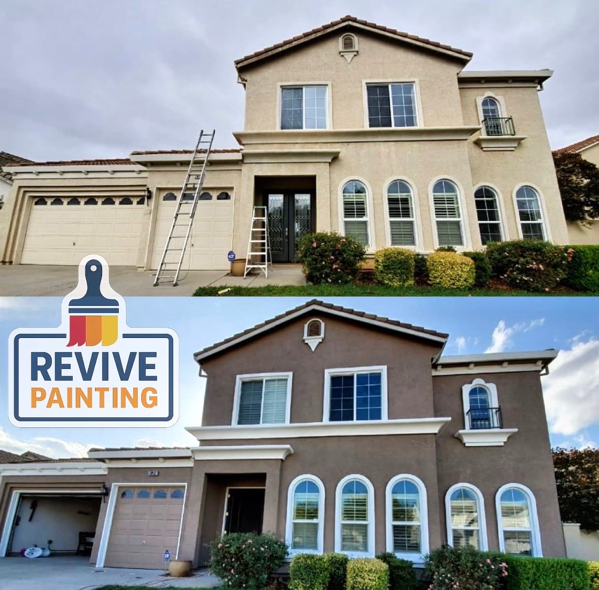Before and after: exterior stucco tan two story