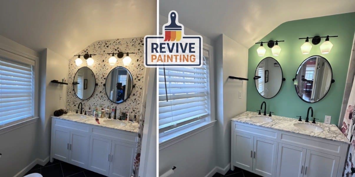 Before and after: a bathroom with busy wallpaper repainted a soft green over a white vanity