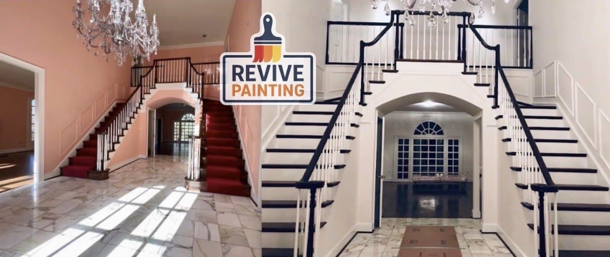 Before and after: a pink two-story foyer with double staircase repainted white with black rails