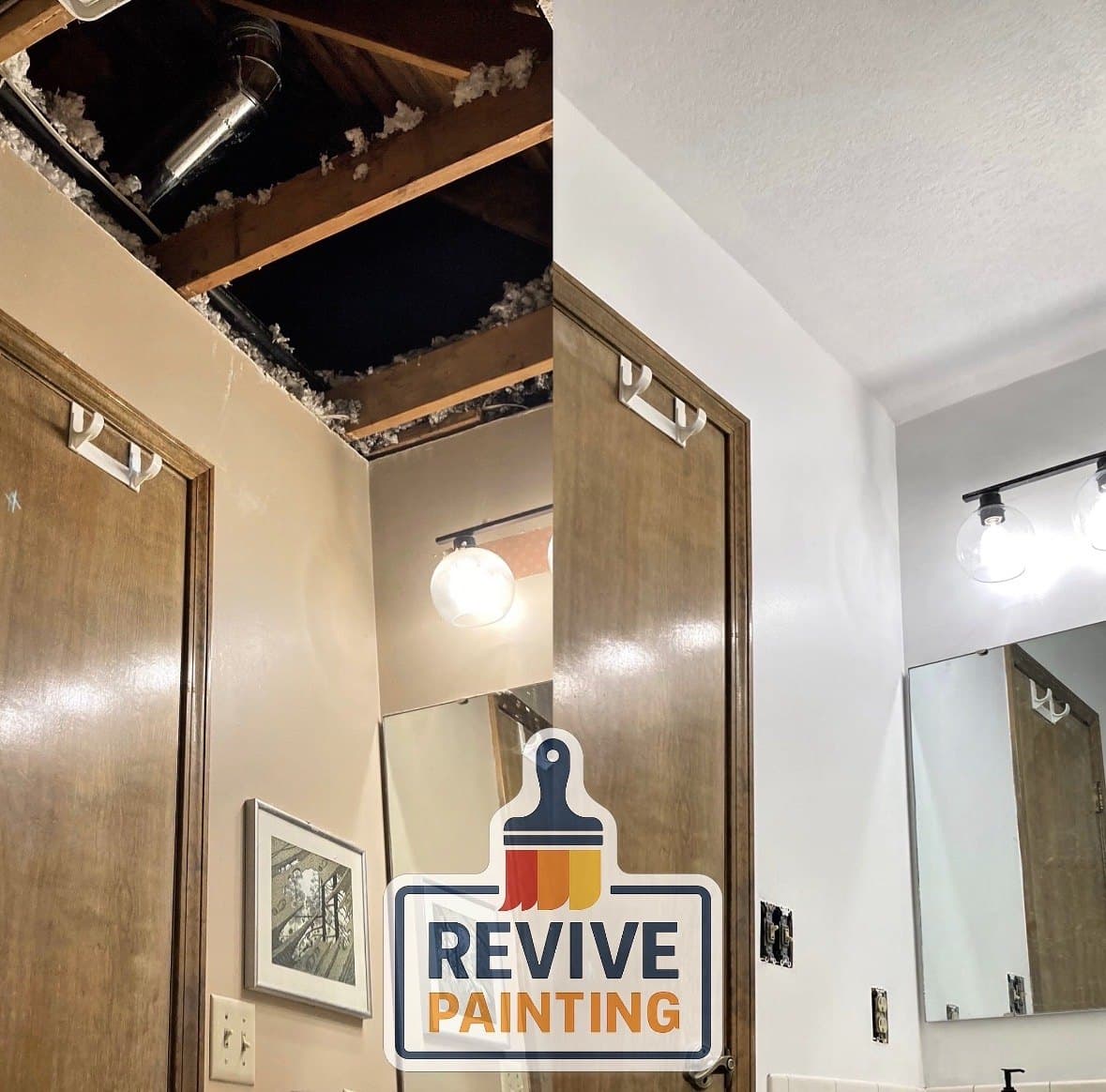 Before and after: a damaged hallway ceiling repaired and repainted with new trim