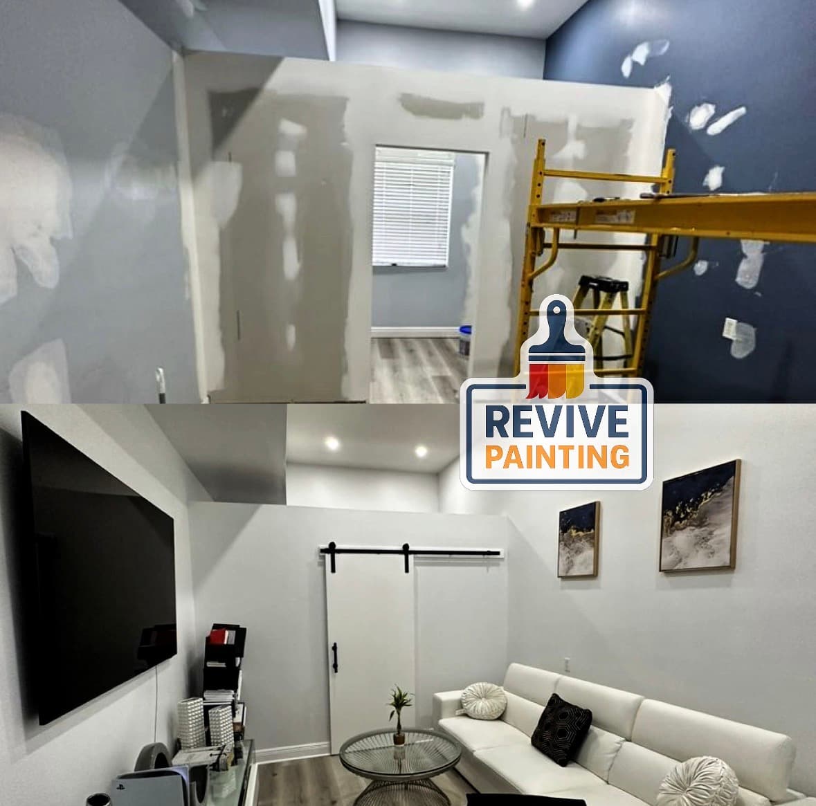 Before and after: interior living room navy accent