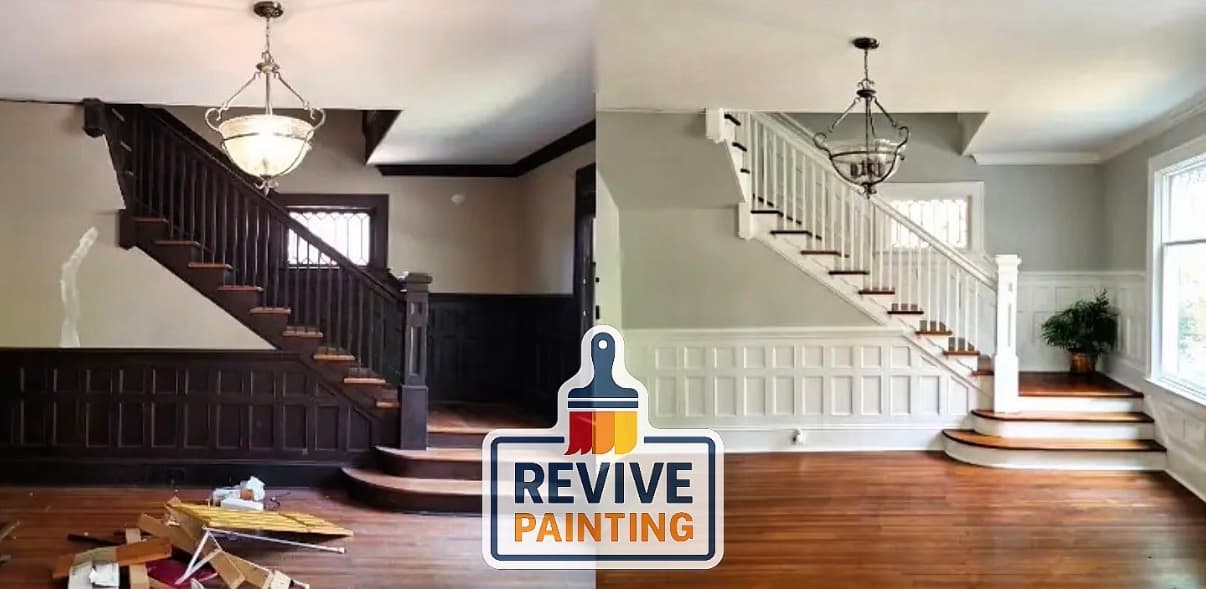 Before and after: an interior entry and staircase repainted from dark tones to bright white
