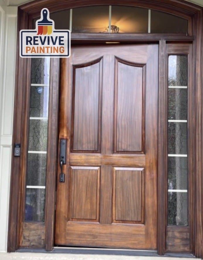 A refinished wood front door with matching stained sidelights and transom