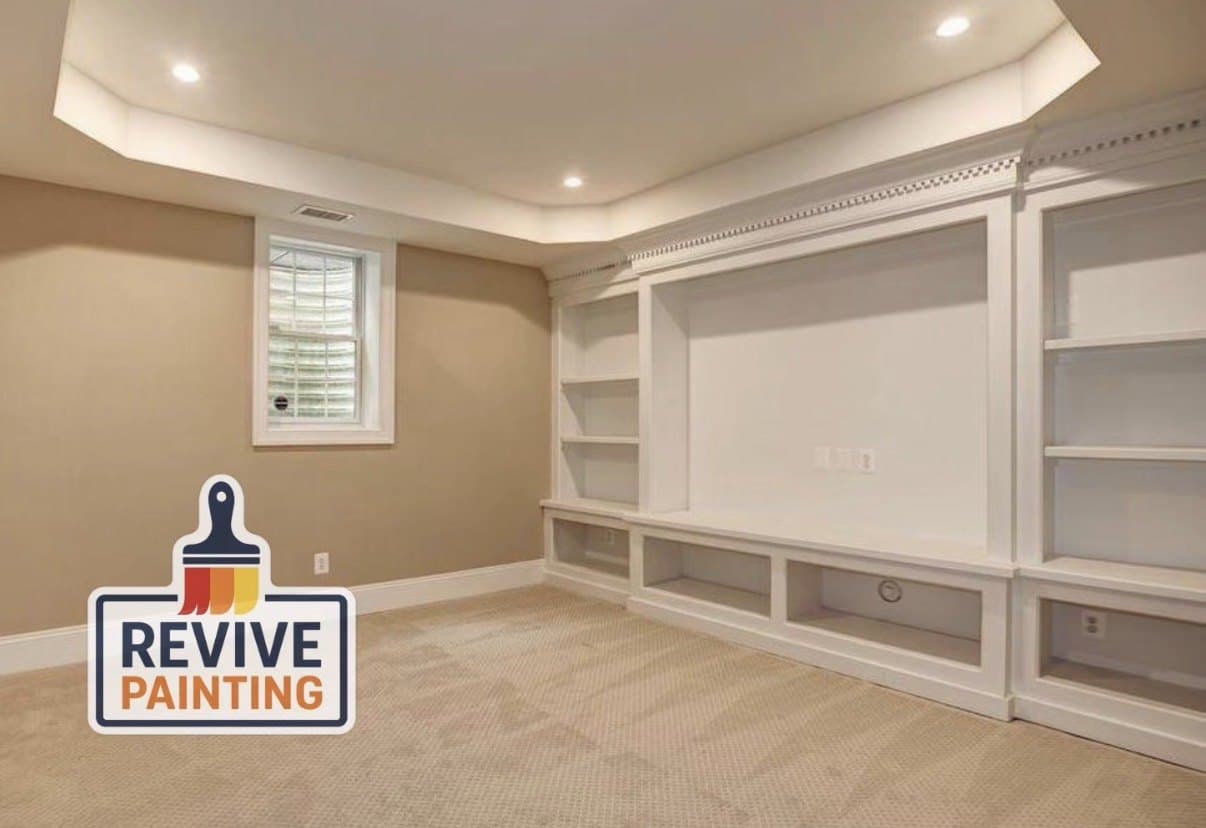 A family room with a white painted built-in media wall and tray ceiling